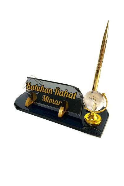 Woosen Kristal Masa Üstü Cam Isimlik Kalem Ve Dünya Aksesuarlı Füme Seti W-03