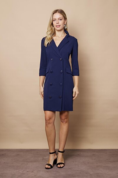 Jument Yakalı Sırt Dekolteli Anvelop Truvakar Kol Likralı Krep Kumaş Düğmeli Ceket Elbise-Lacivert