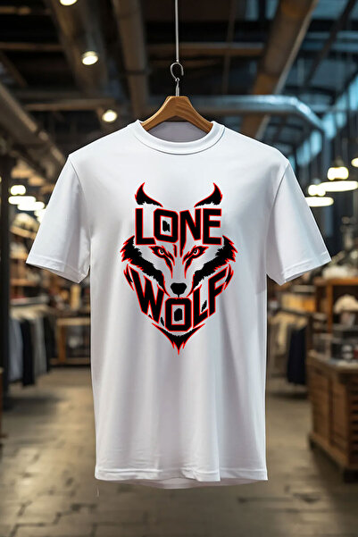 WİDİ تي شيرت أبيض أبيض برقبة دائرية مطبوع عليه نورث وولف لونلي وولف مصنوع من ...