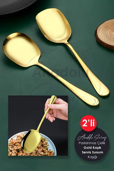 Anadolu Saray Stainless Gold Steel Practical 2 Pcs Luxury Serving Spoon - Salad and Dinner Set 21cm