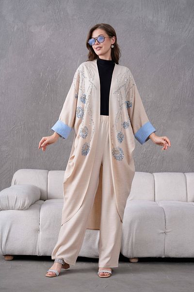 Miss Allos Women's Front Sequin Sequin Embroidered Stone and Pearl Detailed Linen Kimono and Trousers Bottom Top Set