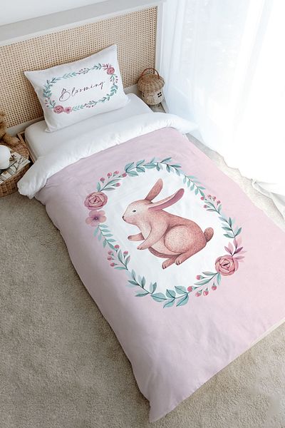 Tuğba Kuğu Single Duvet Cover Set (160X220) - Iconic Series - Pink Wreathed Rabbit