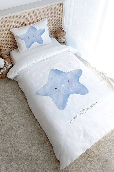 Tuğba Kuğu Single Duvet Cover Set (160X220) - Pure Baby Series - Fluffy Blue Star