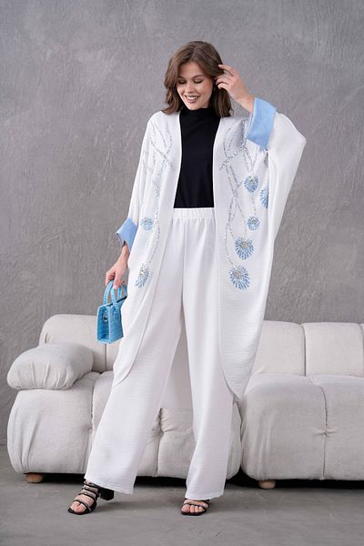 Miss Allos Women's Front Sequin Sequin Embroidered Stone and Pearl Detailed Linen Kimono and Trousers Bottom Top Set