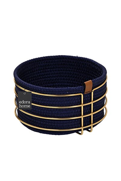 Edora Home Stylish Navy Blue Wicker Knitted - Gold Round Bread Basket, Macrame, Multi-Purpose Metal Stainless