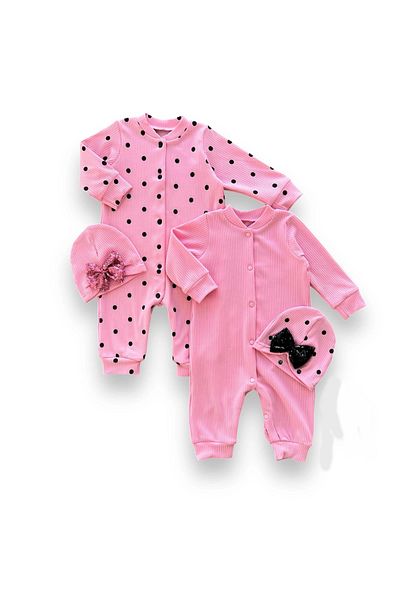 Ecenaz 0-3 3-6 6-9 Months Sequined Hat with Snap Closure, Polka Dots and Plain 2-Piece Combination Baby Girl Rompers Pink