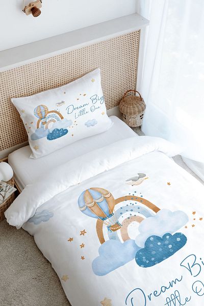 Tuğba Kuğu Single Iconic Series Duvet Cover Set - Blue Clouds and Balloon (160X220)