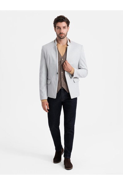 OMBRE Pánská bunda z umělého hedvábí se stojáčkem - šedá melanž V4 OM-BLZB-0131 S