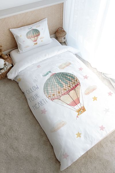 Tuğba Kuğu Single Duvet Cover Set (160X220) - Iconic Series - Pink Flying Balloon