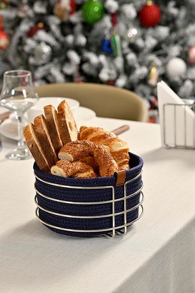 Edora Home Stylish Round Bread Basket - Navy Blue Wicker Knitted, Macrame Stainless, Multi-Purpose Metal