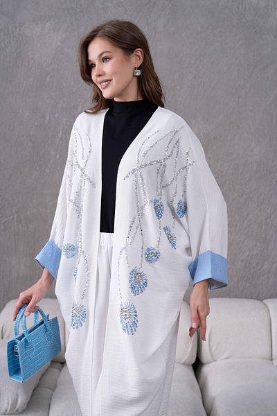 Miss Allos Women's Front Sequin Sequin Embroidered Stone and Pearl Detailed Linen Kimono and Trousers Bottom Top Set
