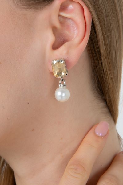 Furtek Aksesuar Women's Minimal Rectangular Gold Color Zircon Stone Pearl Dangle Earrings Bijouterie Crystal Glitter