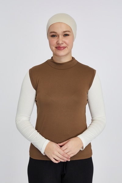 manolyaşal islamic hijab جسم نسائي عضوي بدون أكمام مع ياقة مدورة - شوكولاتة خ...