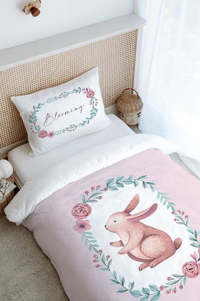 Tuğba Kuğu Single Duvet Cover Set (160X220) - Iconic Series - Pink Wreathed Rabbit