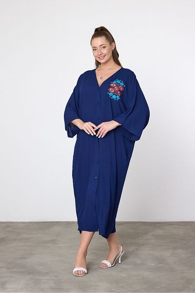 AYASOFYA OTANTIK Women's Navy Blue Floral Embroidery Detailed Oversize Loose Shirt Dress