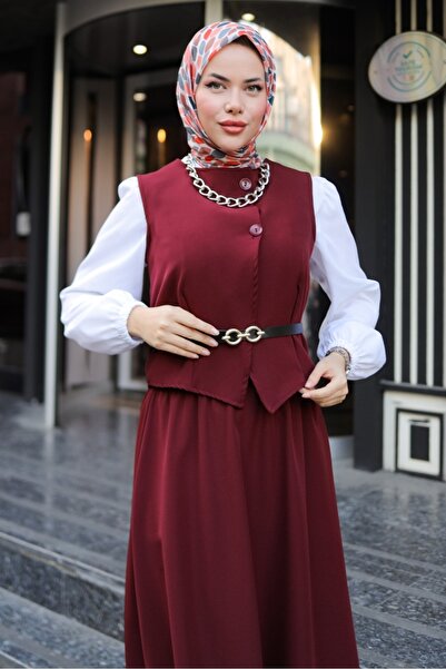 Bestenur Burgundy Asile Vest and Skirt Set - 1341