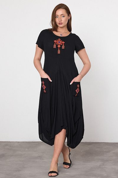 AYASOFYA OTANTIK Rochie boemă țesătă din bumbac viscoză, neagră, cu broderie autentică, cu buzunar