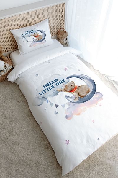 Tuğba Kuğu Single Duvet Cover Set (160X220) - Pure Baby Series - Moon Lounging Bear