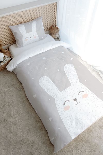 Tuğba Kuğu Pure Baby White Rabbit Duvet Cover Set with Gray Background - 160X220