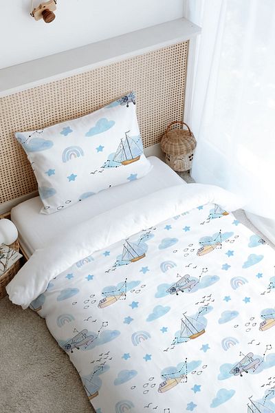 Tuğba Kuğu Single Duvet Cover Set (160X220) - Iconic Series - Rainbow with Blue Air Balloon