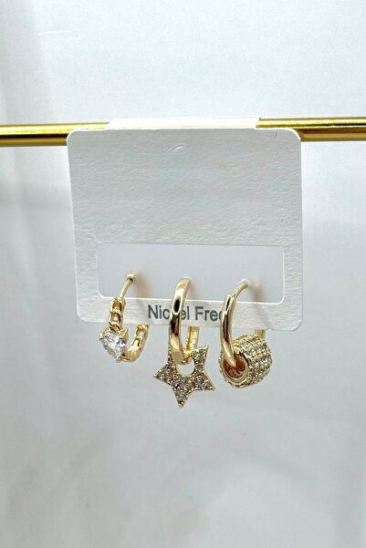 DEMOKAN Kadın Küpe İthal Özel Seri 3'lü Yıldız Charm Küçük Zirkon Kalp Taş Kararmaz Küpe