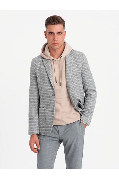 OMBRE Karierter Herrenblazer mit Wolle - grau V1 OM-BLZB-0117 L