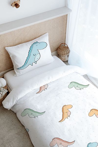 Tuğba Kuğu Single Duvet Cover Set (160X220) - Iconic Series - Colorful Dinosaurs