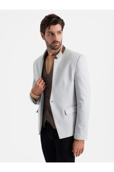 OMBRE Pánská bunda z umělého hedvábí se stojáčkem - šedá melanž V4 OM-BLZB-0131 S