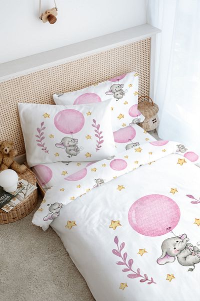 Tuğba Kuğu Pink Single Duvet Cover Set for Baby Series - Elephant with Big Balloon (160X220)