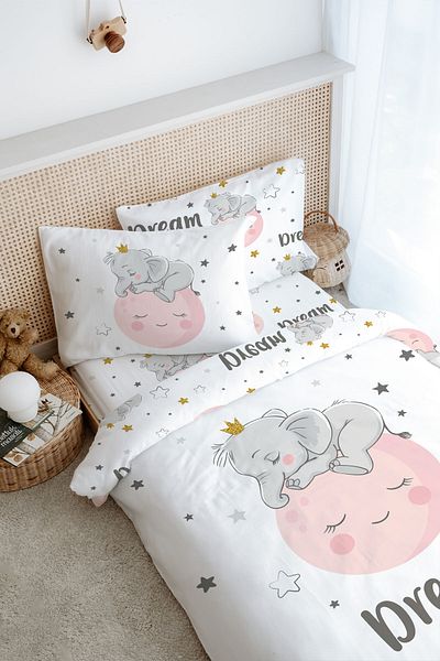 Tuğba Kuğu Single Duvet Cover Set (160X220) - for Baby Series - Elephant Sleeping on the Moon