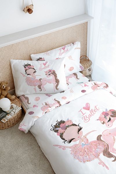 Tuğba Kuğu Pink Tutu Single Duvet Cover Set for Baby Series - Ballerina and Unicorn Pattern (160X220)