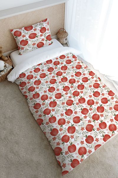 Tuğba Kuğu Single Duvet Cover Set (160X220) - Iconic Series - Red Apples
