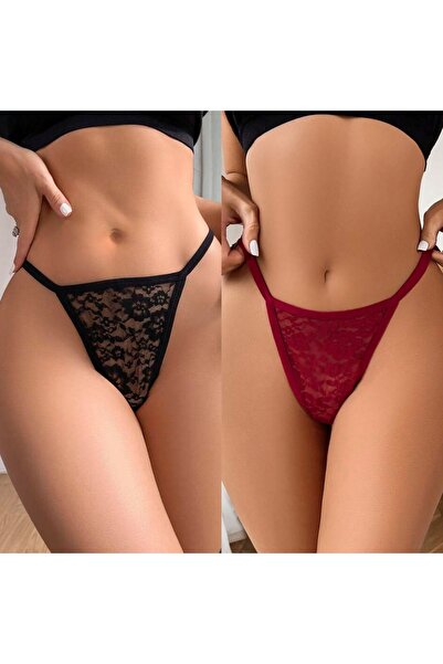 Maly Love Kadın 2li Paket Siyah ve Bordo Dantel Kalp Detaylı Tanga String İç Giyim