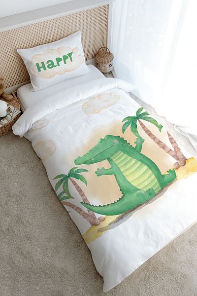 Tuğba Kuğu Single Duvet Cover Set (160X220) - Pure Baby Series - Cute Crocodile