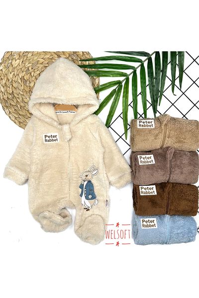 Ecenaz 3-6-9-12 Months Rabbit Rabbit Embroidered Zipper Closure Feathered Baby Boy Romper with Booties Mustard