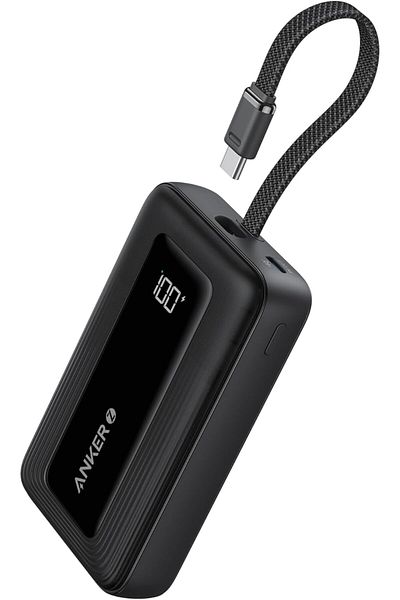 Anker Zolo Power Bank, 10,000mAh, 30W Powe Bank with Built-In USB-C Cable, Black