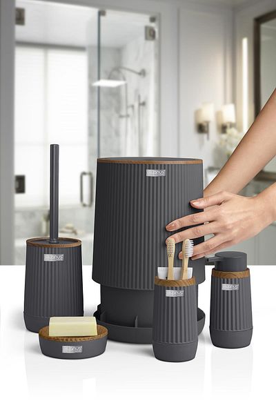 Okyanus Home Σετ μπάνιου Nida Anthracite Wood Pattern Eco 5 τεμαχίων