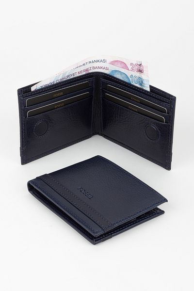 Fossil Genuine Leather Navy Blue Horizontal Men's Wallet Hand Portfolio