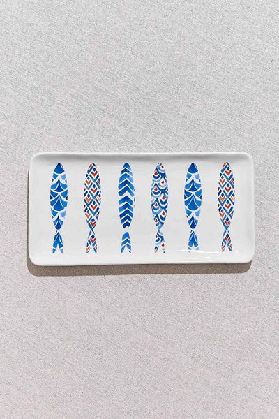 Paşabahçe Blue White Fish Porcelain Rectangular Serving Plate