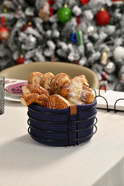 Edora Home Stylish Matte Black Round Bread Basket - Navy Mesh Knitted, Macrame Rust, Multi-Purpose