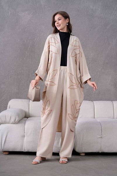 Miss Allos Women's Front Sequin Sequin Embroidered Linen Kimono and Pants Bottom Top Suit