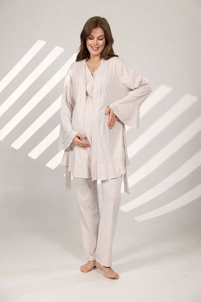 Pelin Beige Double Breasted Neck and Breastfeeding Featured Maternity Pajamas Set - Maternity 3-Piece Set