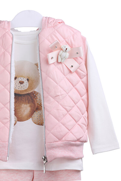 MİMBOKİDS Ayılı Broşlu Beyaz Yelekli  Kız Eşofman Takım