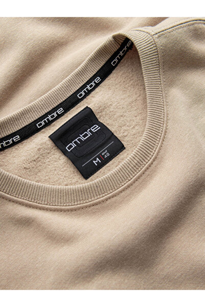 OMBRE Pánská nestrečová mikina s nášivkou v vysokoškolském stylu - písková V3 OM-SSNZ-0134 M