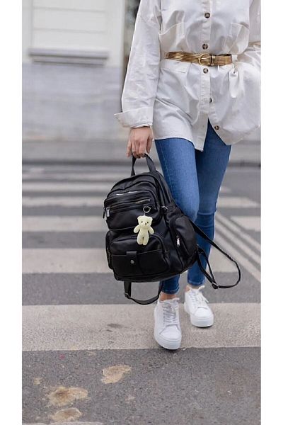 Bigowl Women's Wash Leather Backpack Black Backpack Multi-Compartment Bag