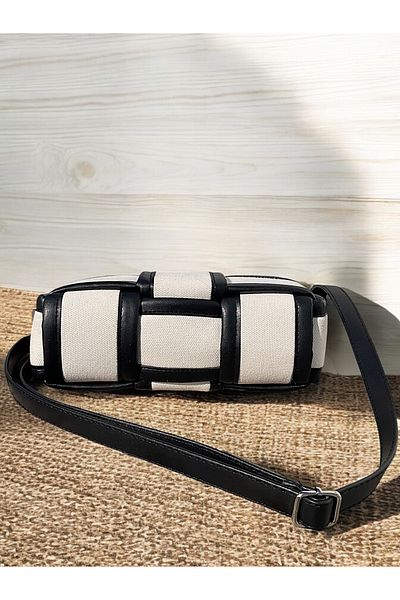 Katusa Women's Canvas Knitted Detailed Black-Cream Hand and Shoulder Bag