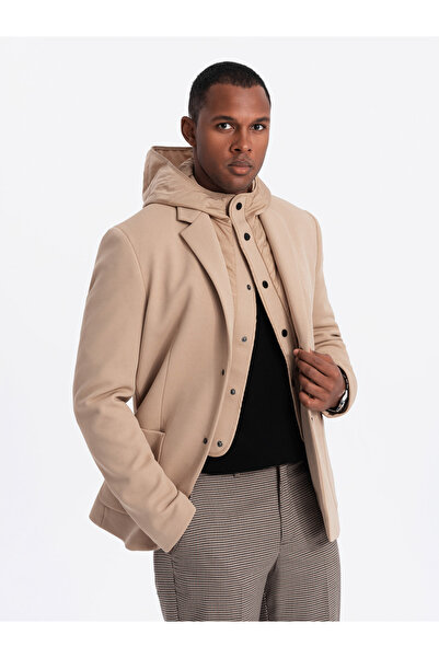 OMBRE Ανδρικό μπουφάν με ψηλό γιακά και κουκούλα - ανοιχτό καφέ V1 OM-BLZB-0133 XXL