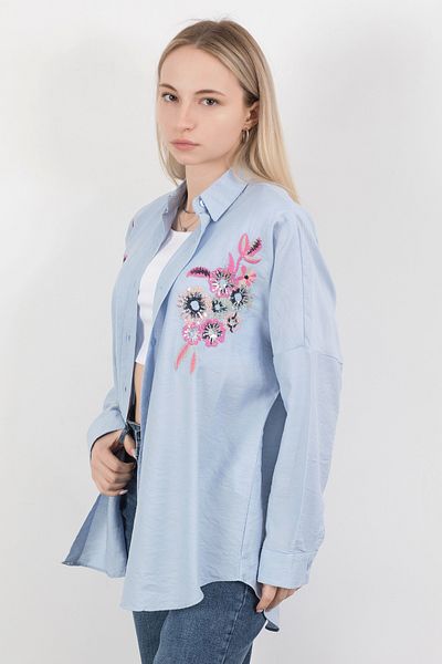 GİYSA Cămașă pentru femei cu broderie cu paiete albastre, mânecă lungă - 25728
