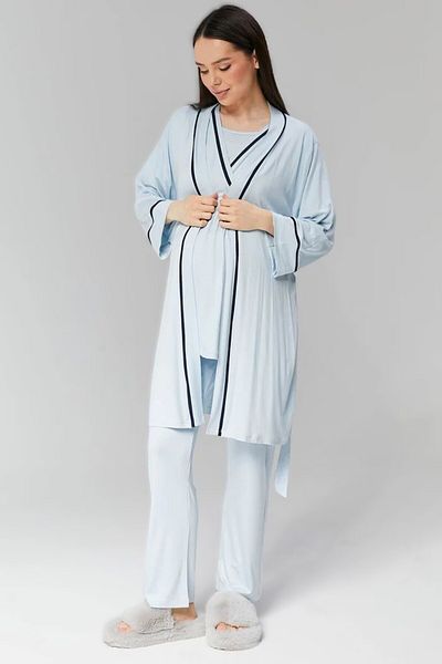 Pelin Set de pijamale de maternitate pentru femei, cu 3 piese, cu șnur albastru, cu caracteristică ascunsă pentru alăptare