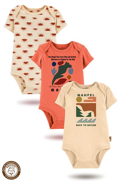 MAHFEL 100% Cotton Premium 3-Piece Organic Printed Snap Fastener Baby Bodysuit